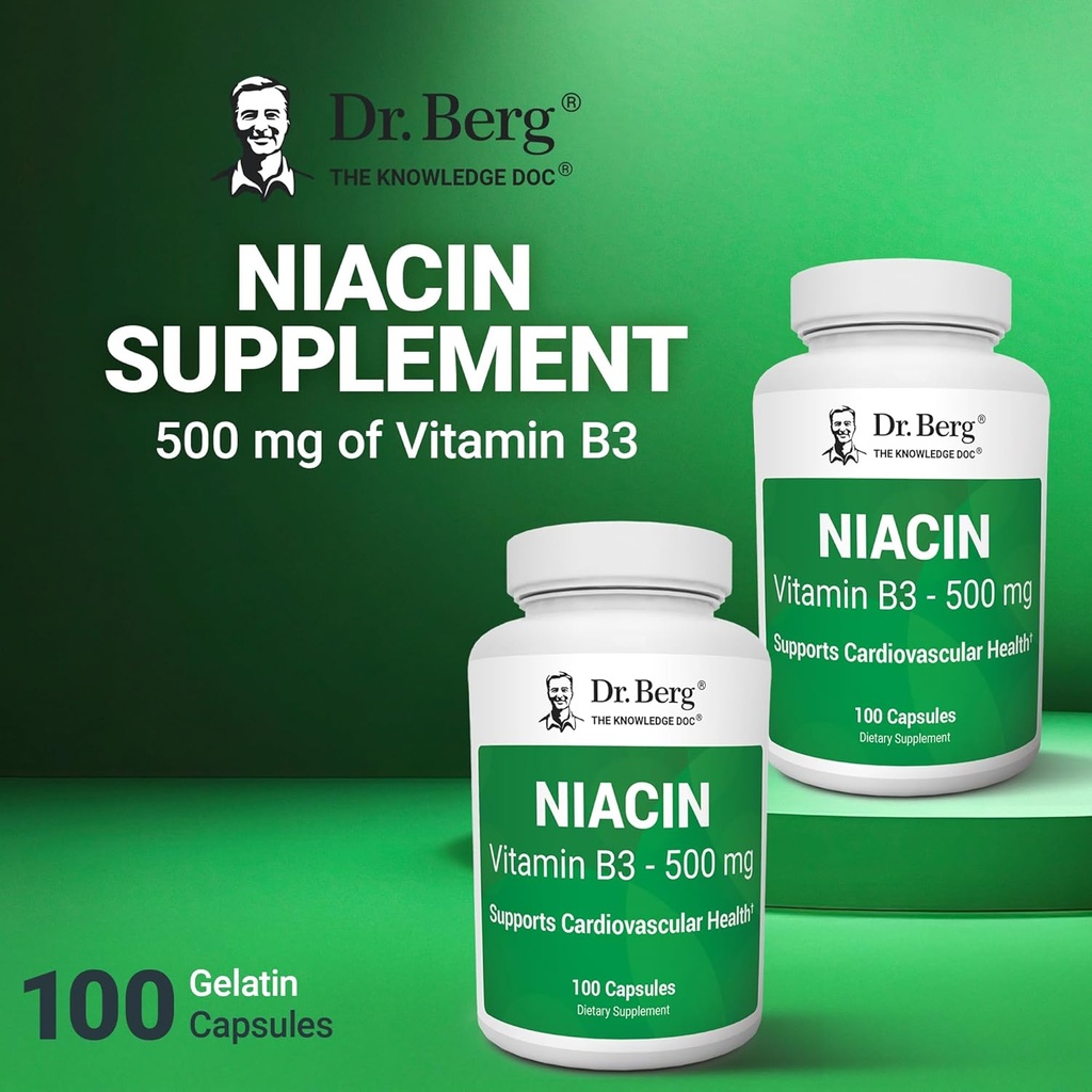 Dr. Berg Niacin 500mg with Flushing for Heart Health & Energy Support* - 100-Day Supply Vitamin B3 Niacin from Dr. Berg Recommended Nicotinic Acid - 100 Capsules 6