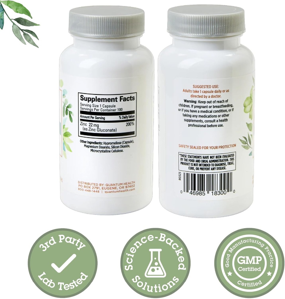 Quantum Health Zinc Gluconate 22mg Daily Immunity Boost Supplement Supports Energy, Healthy Eyes, Hair Skin & Nails - Essential Mineral Immune Support for Women & Men - 100 Capsules 3