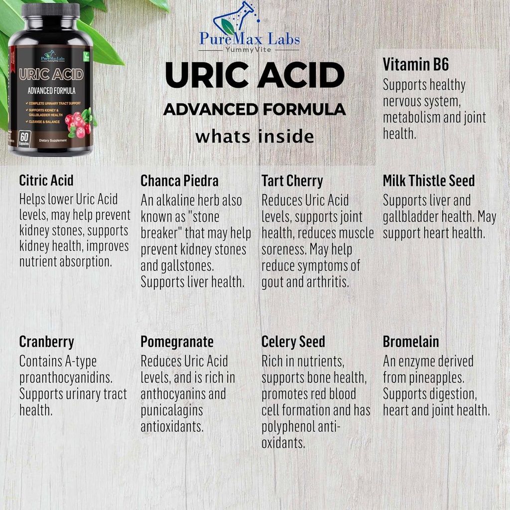 Uric Acid Advanced Formula – Kidney, Liver, Gallbladder, Urinary Tract Cleanse with Cranberry, Chanca Piedra, Tart Cherry, Milk Thistle and Bromelain 60 Capsules 4