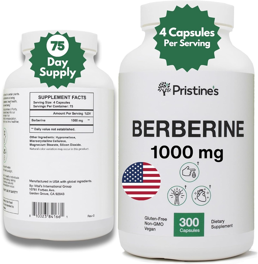 PRISTINE'S Berberine Supplement Capsules - 1000 MG 75 Day Supply - Heart, & Immunity Health Support Antioxidant - Digestive Tract & Healthy Gut Flora Support 2