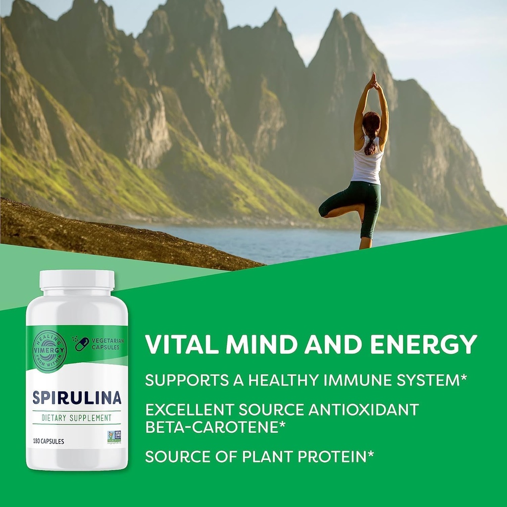 Vimergy Spirulina Capsules – Concentrated Plant Protein Supports Immune Health & Cardiovascular Function – Vegan, Kosher, Gluten-Free – 180 Capsules 3