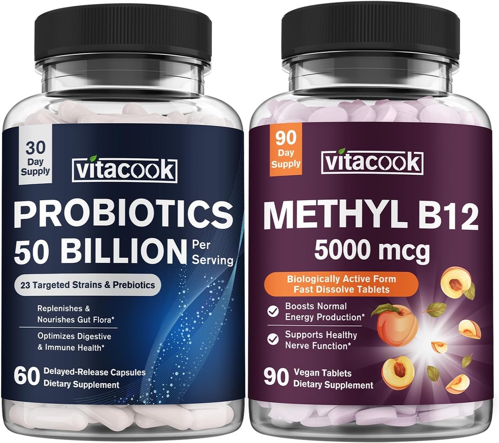 Vitamin B12 and Probiotics 50 Billion Bundle, Methylcobalamin 5000mcg for Energy Production, with Organic Prebiotics, Digestive & Immune Support, B12 Tablets 90 ct & Probiotics Capsules 60ct 2