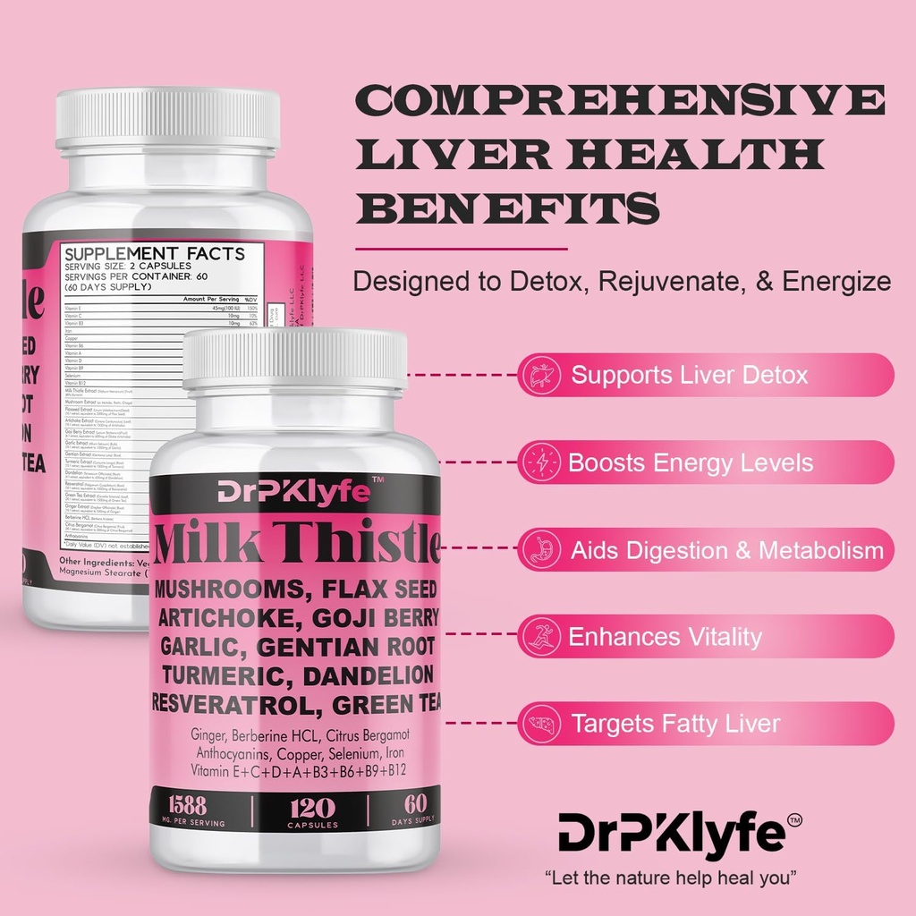 Milk Thistle Capsules for Liver Detox & Cleanse Support – with Dandelion Root, Resveratrol, Artichoke, Moringa, Silymarin – 120 Capsules (60-Day Supply) 5