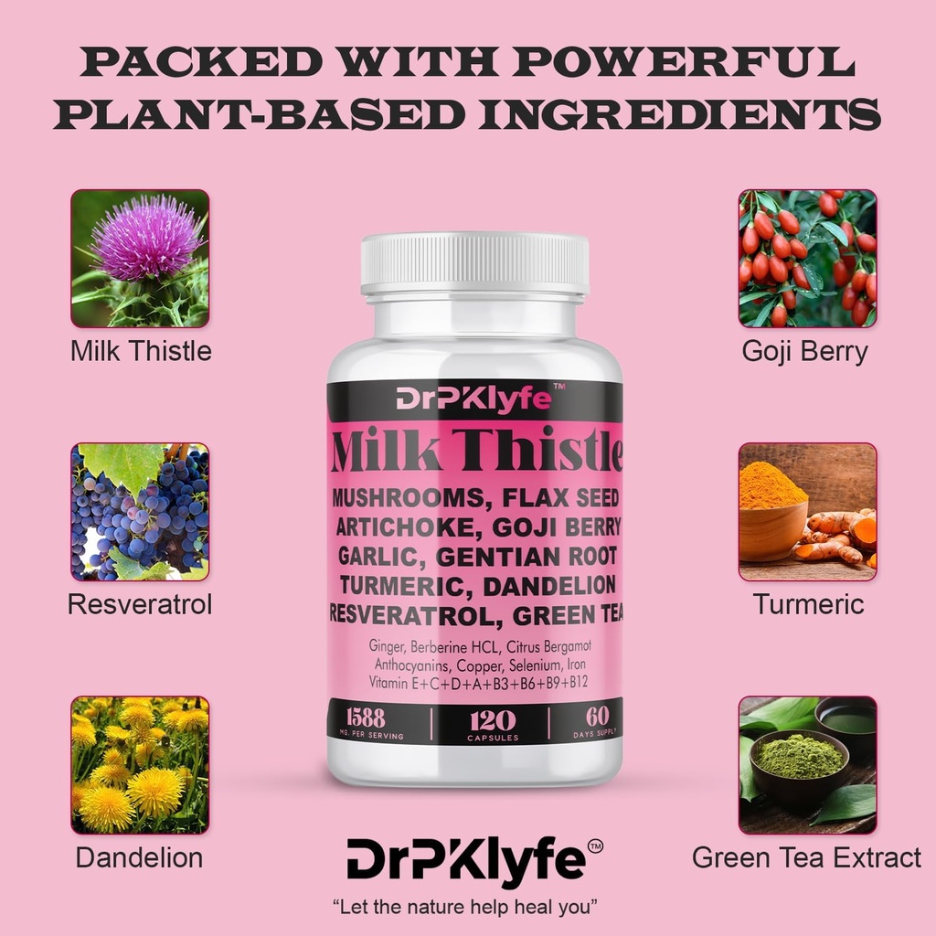 Milk Thistle Capsules for Liver Detox & Cleanse Support – with Dandelion Root, Resveratrol, Artichoke, Moringa, Silymarin – 120 Capsules (60-Day Supply) 6