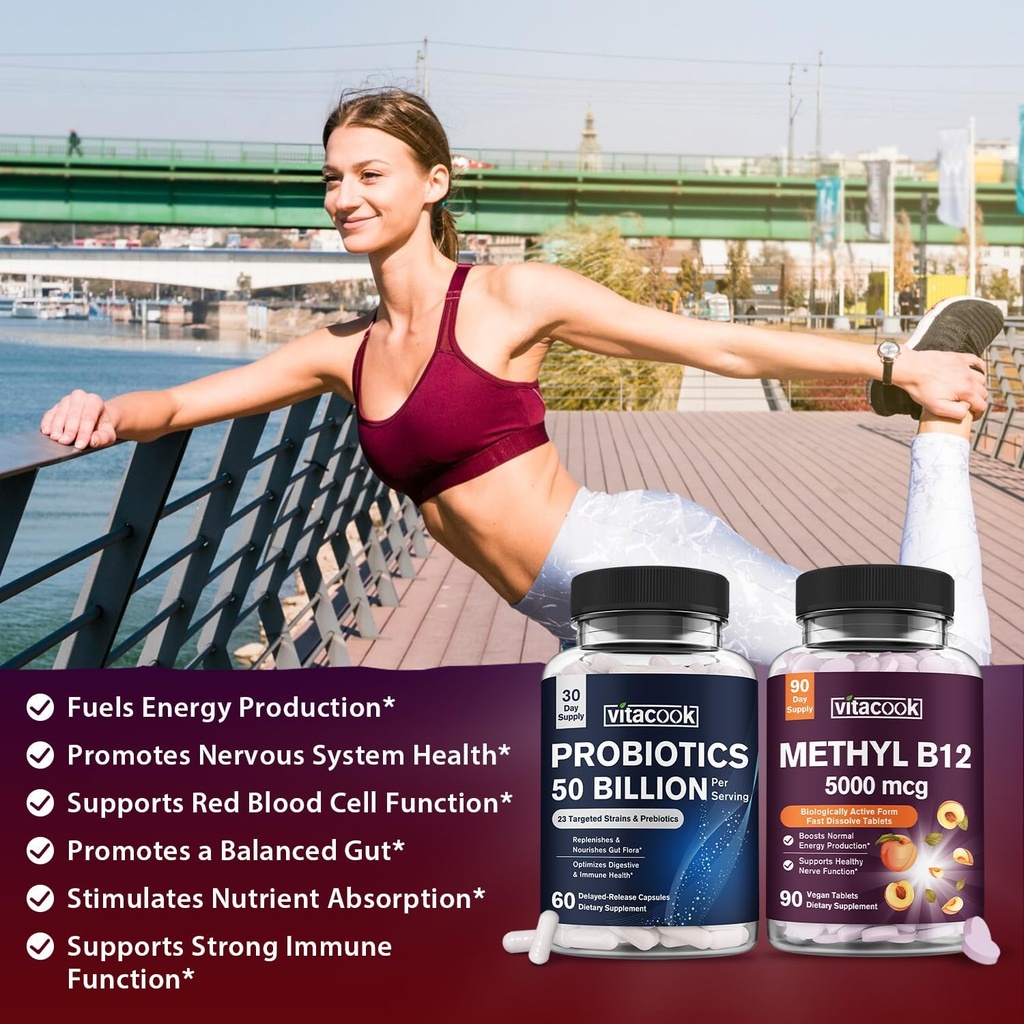 Vitamin B12 and Probiotics 50 Billion Bundle, Methylcobalamin 5000mcg for Energy Production, with Organic Prebiotics, Digestive & Immune Support, B12 Tablets 90 ct & Probiotics Capsules 60ct 4