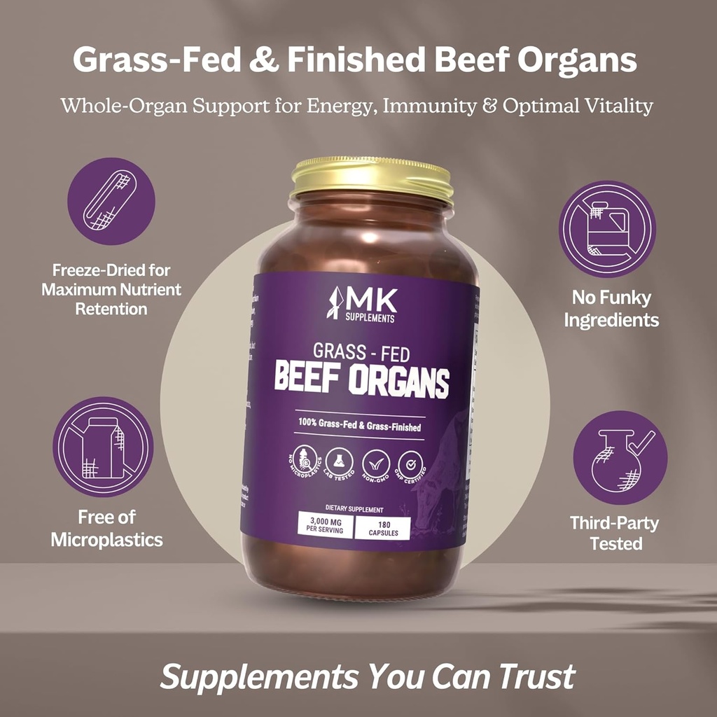 MK Supplements Grass Fed Beef Organ Supplement, Supports Whole Body Wellness, Nature Identical Blend of Liver, Heart, Spleen, Kidneys, Pancreas, Freeze-Dried, Non-GMO, 45 Servings (3,000 mg Each) 3