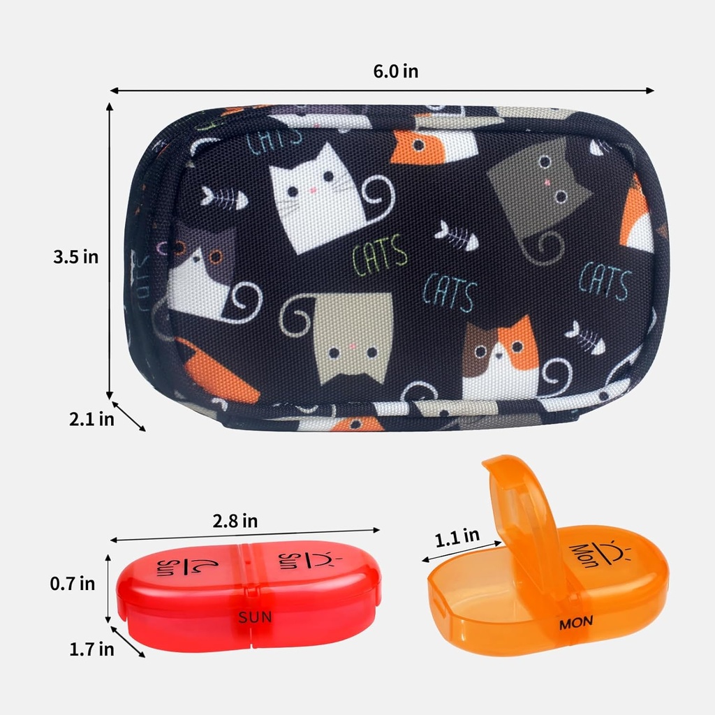 Serfeymi Weekly Travel Pill Organizer 2 Times A Day AM PM Upgraded Rainbow Pill Box 7 Day with Portable Zipper Canvas Pill Case, Medicine Organizer for Pills, Vitamins, Fish Oils - Black 02 3