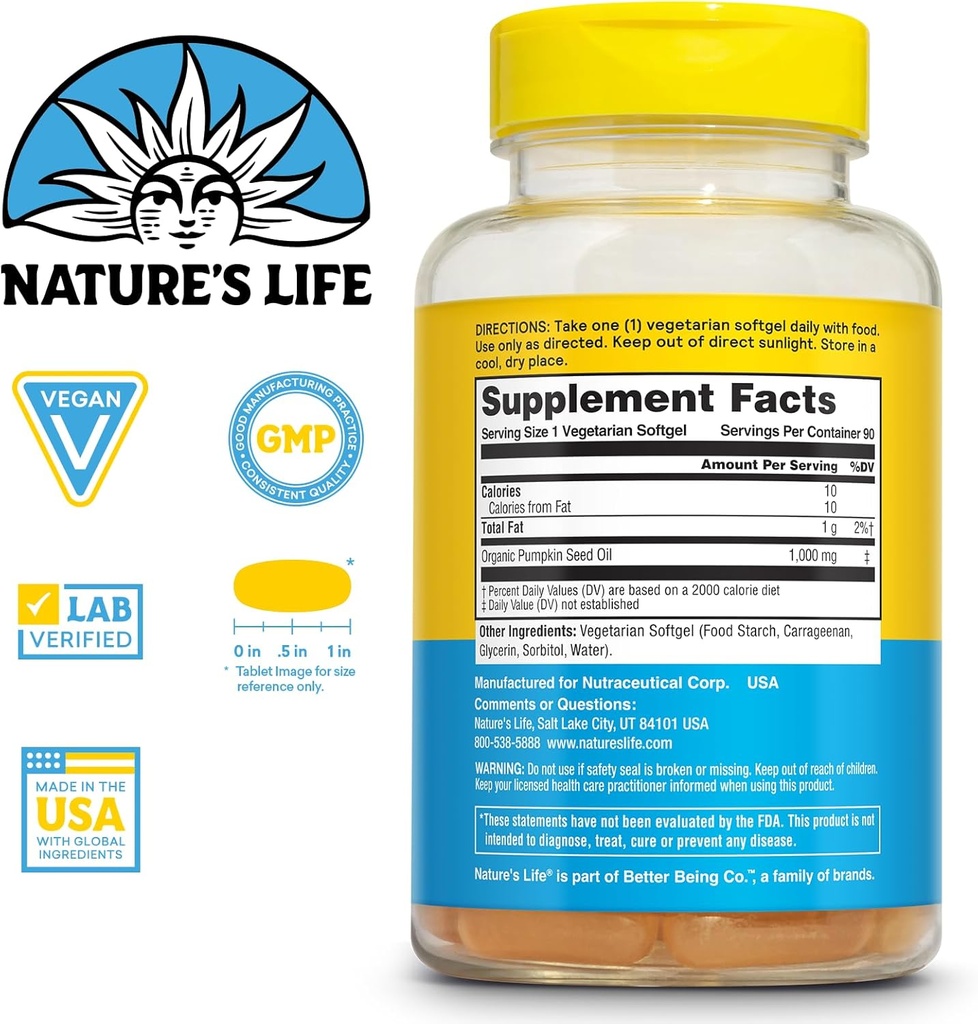 Nature's Life Pumpkin Seed Oil Supplement - Source of Omega 3 6 Essential Fatty Acids and Antioxidants - Cold Pressed from Organic Pumpkin Seeds - Vegan, 60-Day Guarantee, 90 Servings, 90 Softgels 3