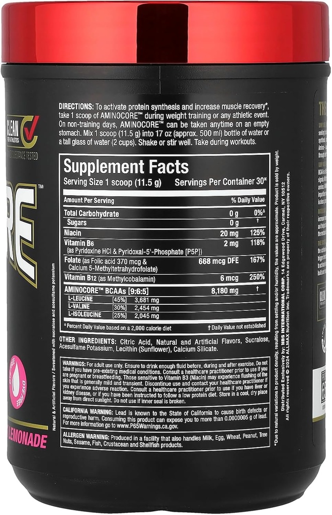 ALLMAX Nutrition AMINOCORE BCAA – 8G BCAAs – 100% Pure Branch Chained Amino Acids – Gluten Free - Pink Lemonade - 315 Gram 3