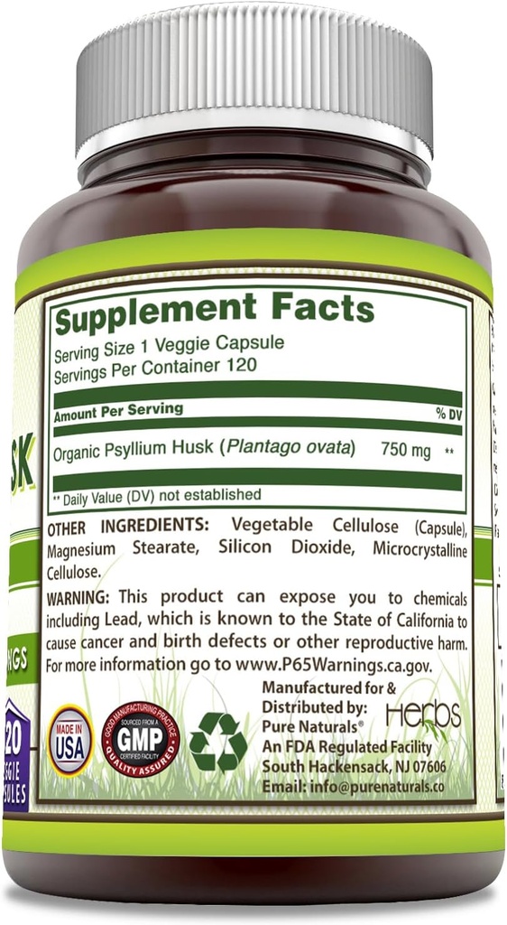 Pure Naturals Psyllium Husk Supplement | 750 Mg Per Serving | Veggie Capsules | Non-GMO | Gluten-Free | Made in USA (120 Count) 4