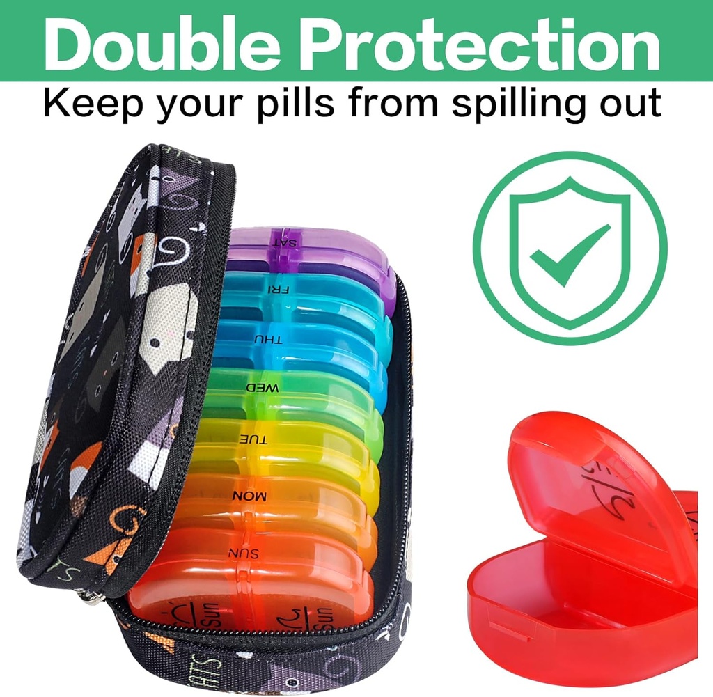 Serfeymi Weekly Travel Pill Organizer 2 Times A Day AM PM Upgraded Rainbow Pill Box 7 Day with Portable Zipper Canvas Pill Case, Medicine Organizer for Pills, Vitamins, Fish Oils - Black 02 6