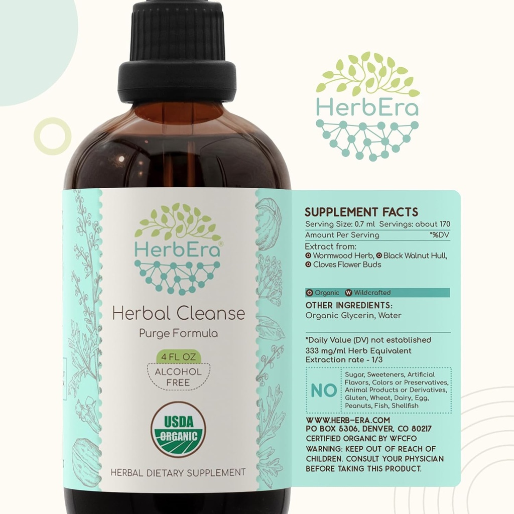 HerbEra Herbal Cleanse Organic Alcohol-Free Tincture | Detox and Cleanse Formula, Extract Supplement | Organic Wormwood Herb, Black Walnut Hull, Cloves Flower Buds | Purge Extract (4 fl oz) 6