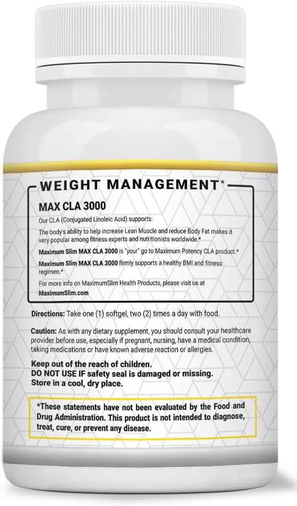 Maximum Slim MAX CLA 3000, High Potency, Natural Weight Loss Exercise Enhancement, Increase Lean Muscle Mass, Non-Stimulating, Non-GMO 95% Pure CLA, 90 Count 4
