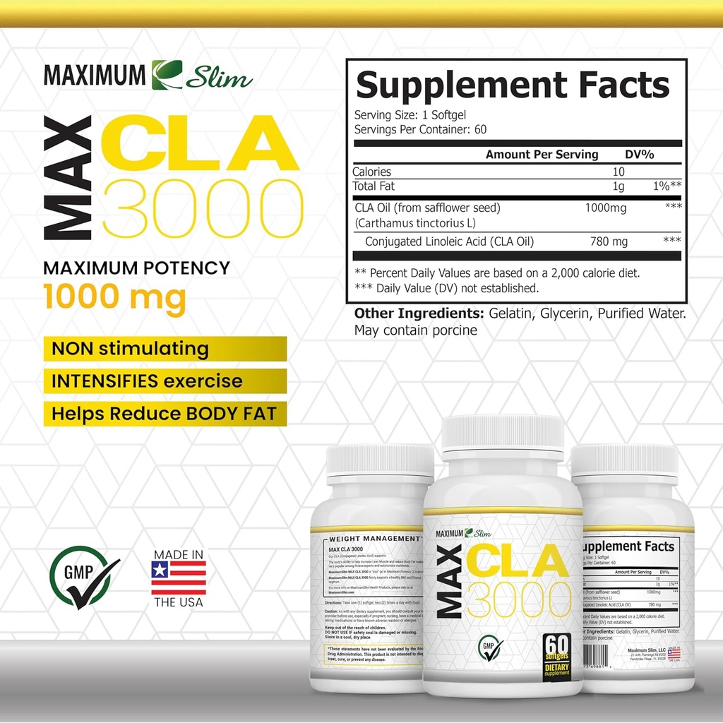 Maximum Slim MAX CLA 3000, High Potency, Natural Weight Loss Exercise Enhancement, Increase Lean Muscle Mass, Non-Stimulating, Non-GMO 95% Pure CLA, 90 Count 5