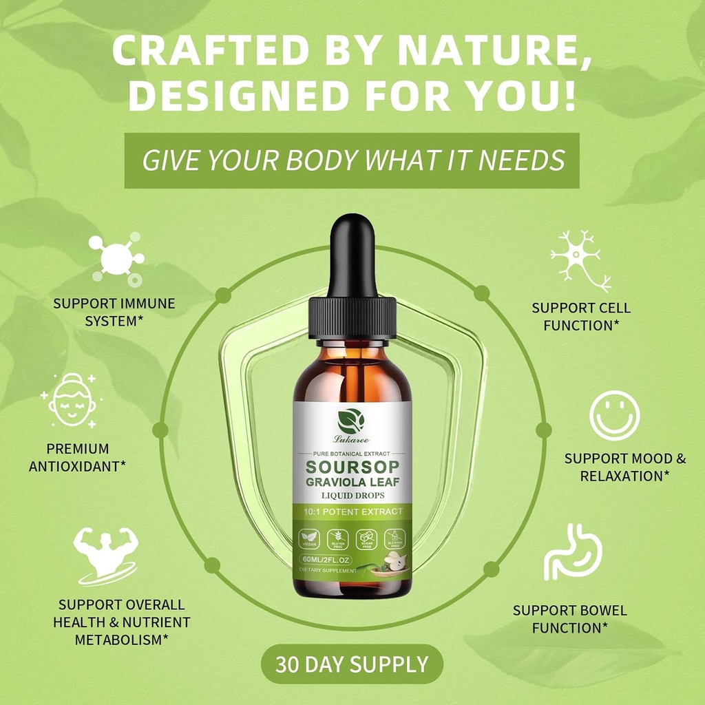 Nature Soursop Bitters Liquid, 1 Month Supply Graviola Oil for Cell Support & Regeneration, Antioxidant, Immune Boost, Digestive, Sugar-Free, Gluten-Free, Sour SOP Multivitamin Drops 2 FL OZ 5