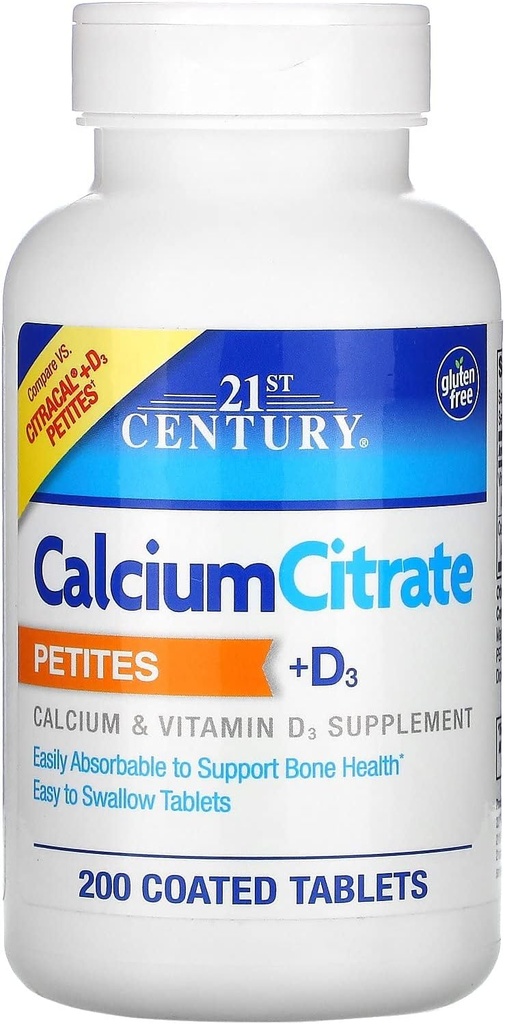 21st Century Calcium Citrate Petites + D3 Coated Tablets - 200 Tablets, Pack of 4 2
