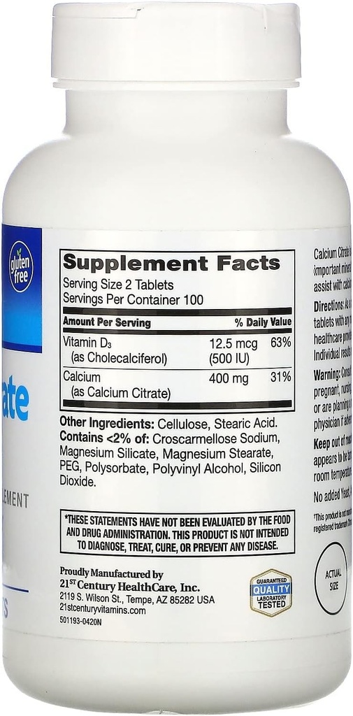 21st Century Calcium Citrate Petites + D3 Coated Tablets - 200 Tablets, Pack of 4 3