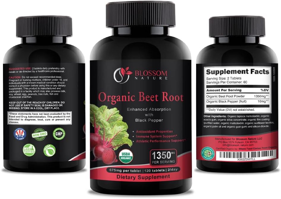 Organic Beet Root Powder 1350mg with Black Pepper-Nitric Oxide Booster, Digestive System, Athletic Performance-120 Tablets,675mg of Organic Beet Powder per Tablet 3