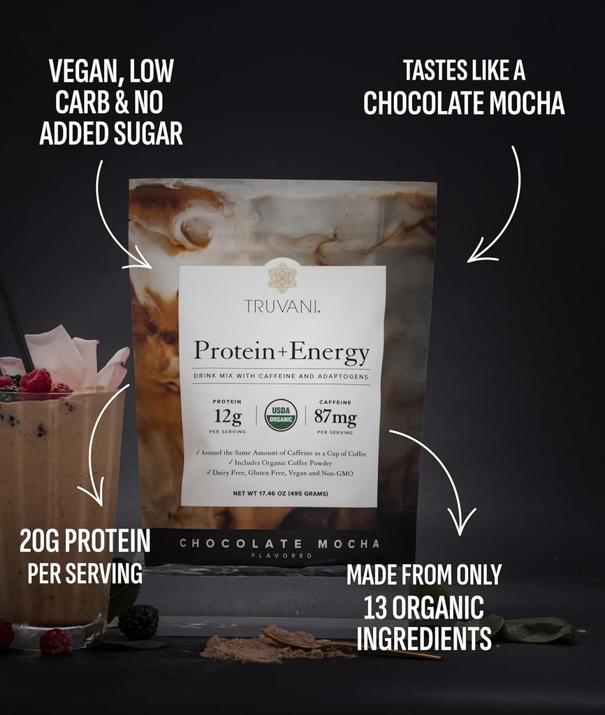 Truvani Protein + Energy Drink Mix with 87mg Caffeine | Chocolate Mocha | 12g Organic Plant Based Protein | 20 Servings | USDA Organic Coffee Powder & Adaptogens | Gluten & Dairy Free | Vegan 4