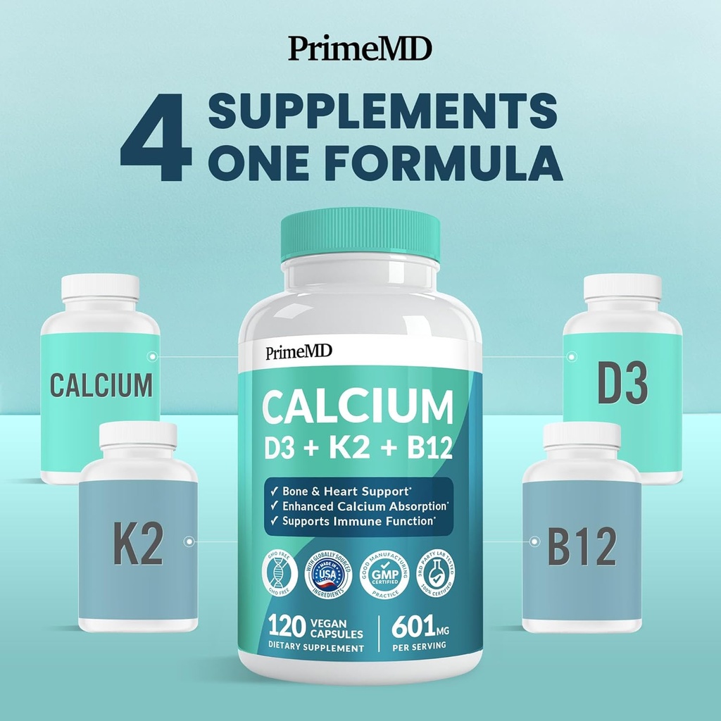 4-in-1 Calcium Supplements for Women and Men - Calcium with Vitamin D3 K2 5000 IU Supplement, 601mg per Serving for Heart, Bones & Body Defenses - Gluten-Free, Vegan-Friendly (240 ct) 3