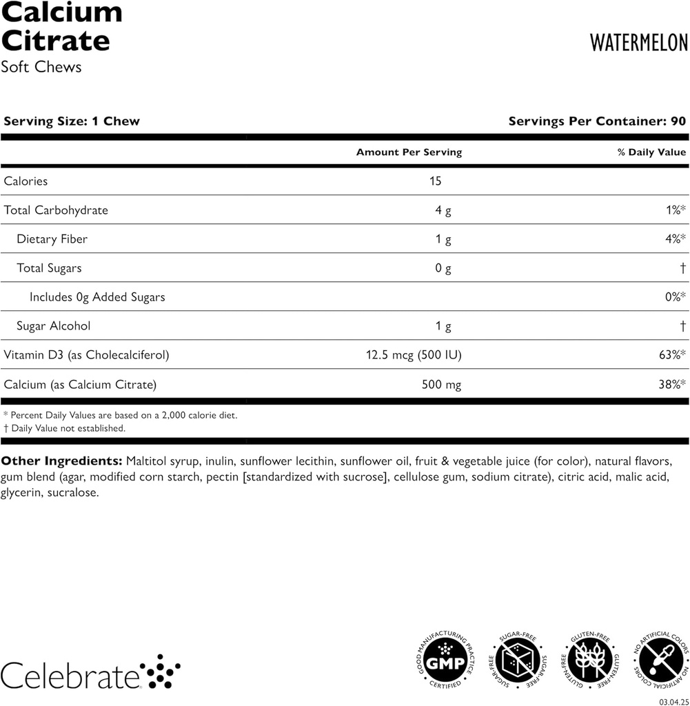 Celebrate Vitamins Bariatric 500mg Calcium Citrate Soft Chews with 500 IU Vitamin D3 – Essential for Gastric Bypass Patients & Bone Health - Sugar & Gluten Free, Melon (90 Chews) 4