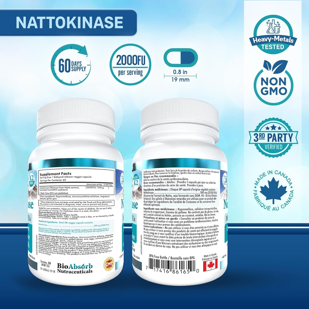 Bio Absorb Nattokinase Supplement. Non-GMO Natto Extract Enzyme. 100 mg, 2000 FUs. 60 Veggie Caps (60-Day Supply) 3