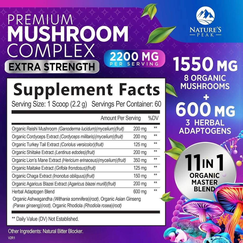 Mushroom Supplement Powder 2200mg - 11 in 1 Complex Formula Powder with Organic Lions Mane, Reishi, Cordyceps, Chaga, Turkey Tail Mushroom Extract Supplement for Memory & Brain Support - 60 Servings 3