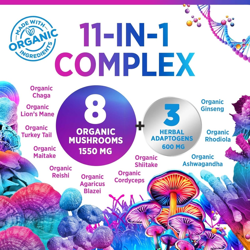 Mushroom Supplement Powder 2200mg - 11 in 1 Complex Formula Powder with Organic Lions Mane, Reishi, Cordyceps, Chaga, Turkey Tail Mushroom Extract Supplement for Memory & Brain Support - 60 Servings 4