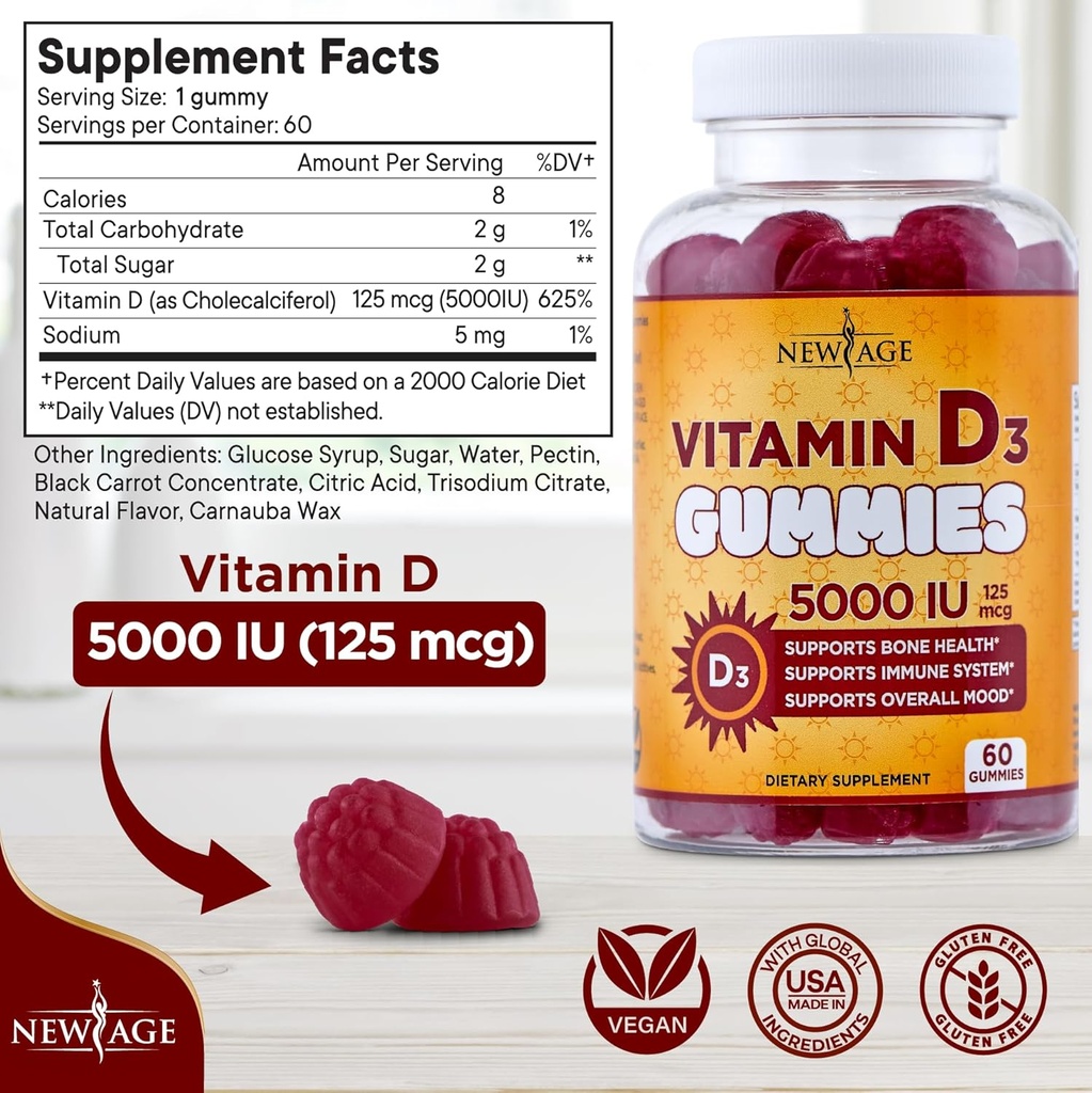 NEW AGE Vitamin D3 5000 IU 125mcg Gummies - Support Immune Support, Strong Bone Health - Non-GMO, Gluten-Free, Dairy-Free, No Gelatin (60 Gummies (Pack of 1)) 3