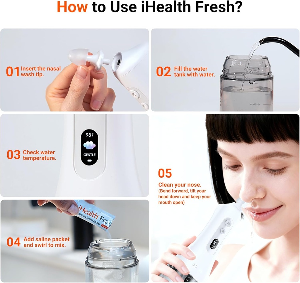 iHealth Electric Nasal Irrigation System for Adults & Kids – Gentle Sinus Rinse for Rhinitis & Sinusitis Relief, 400ml Easy-Clean Large Tank, Water Temperature Measurement, 30 Premixed Saline Packets 6