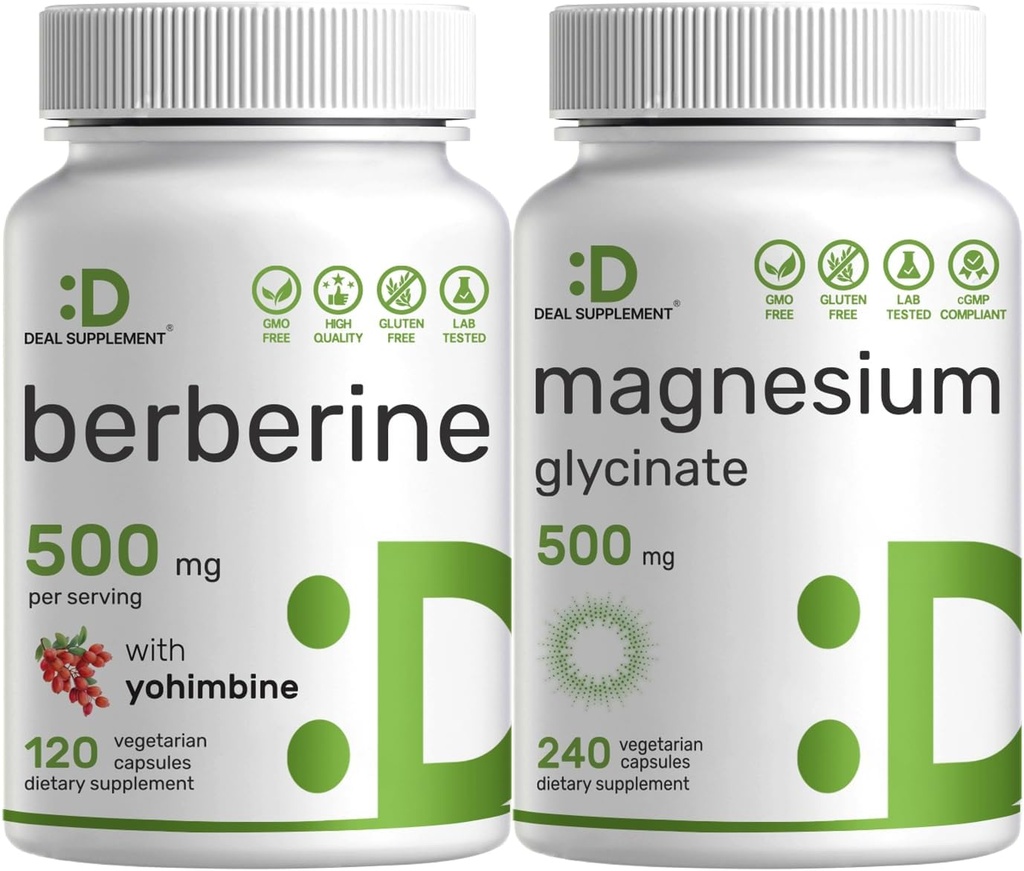 Deal Supplement Magnesium Glycinate 500mg Veggie Capsules & Berberine Supplement with Yohimbine Bundle – Easily Absorbed Chelated Mineral – High Absorption Hydrochloride HCl Forms 2