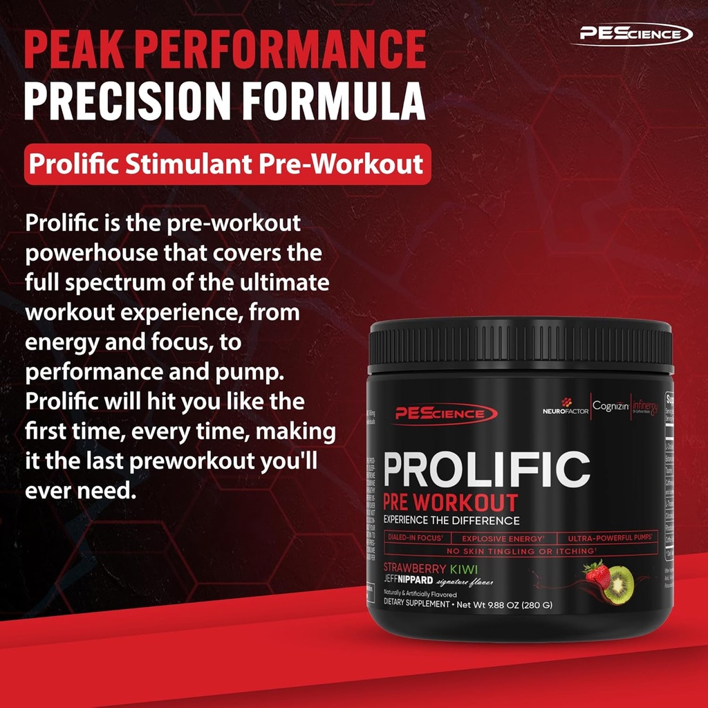 PEScience Prolific Pre Workout Powder, Strawberry Kiwi, 40 Scoop, Energy Supplement with Nitric Oxide 4