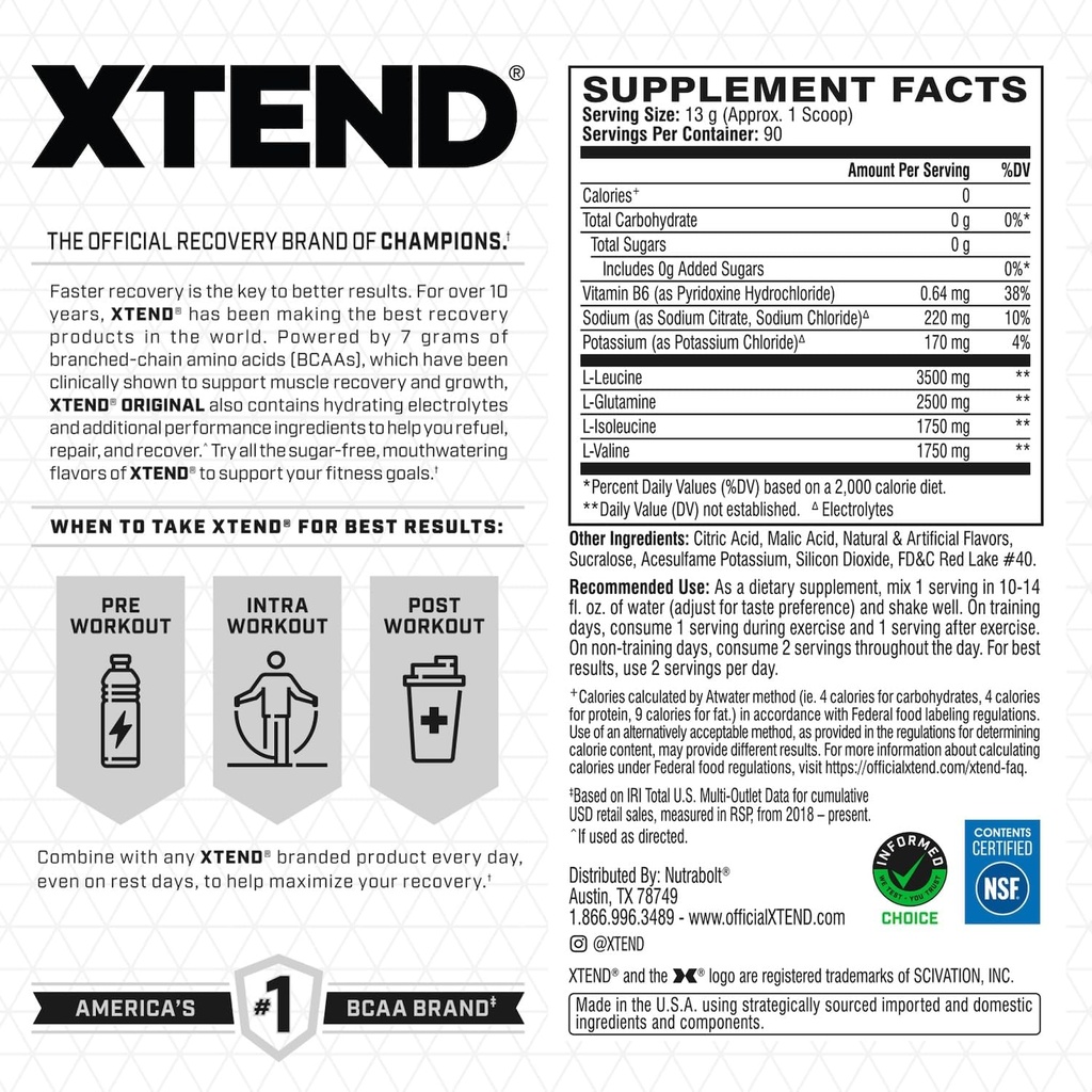 Xtend XTEND Original BCAA Powder 7g BCAA and 2.5g L-Glutamine, Sugar Free Post Workout Muscle Recovery Drink with Amino Acids for Men & Women, 90 Servings 3