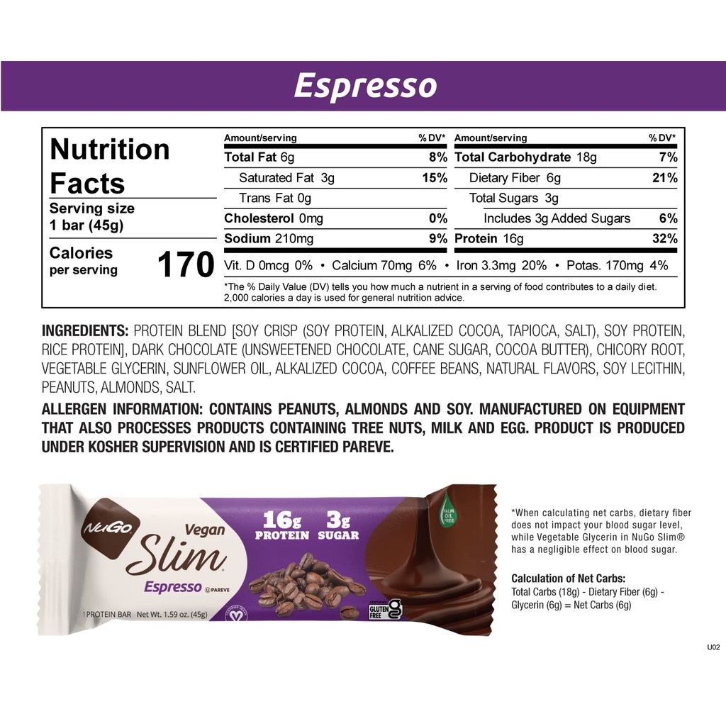 Nugo Slim Dark Chocolate Espresso, 16g Vegan Protein, 3g Sugar, 7g Fiber, Low Net Carb, Keto Friendly, Gluten Free, 24 Count 3