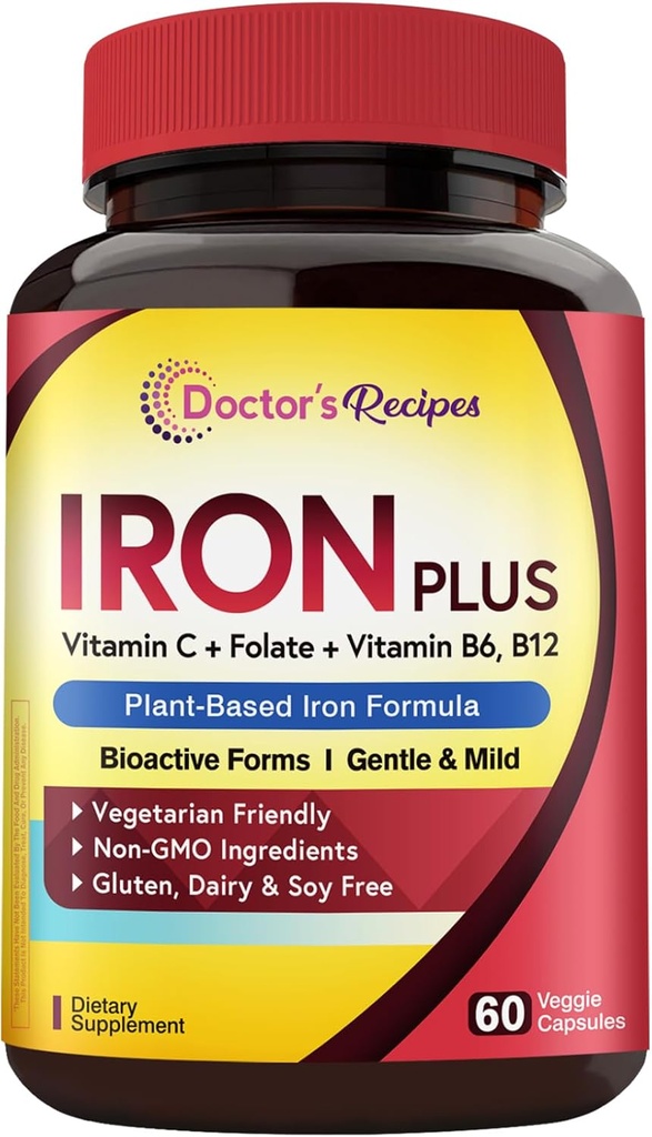 Doctor's Recipes Iron Supplement, Iron Bisglycinate with Vitamin C, B6, Folate & B12, Non-Constipating, Stomach Friendly, Gentle Iron Pills for Iron Deficiency, Blood & Energy Support, 60 Vegan Caps 2