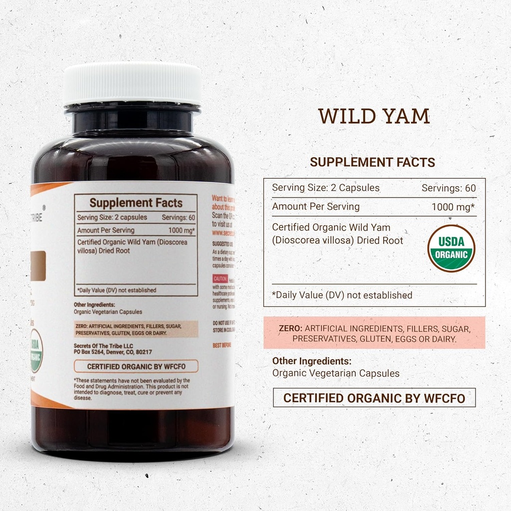 Secrets of the Tribe Wild Yam Capsules 1000 mg Responsibly farmed USDA Organic Wild Yam (Dioscorea Villosa) Dried Root, Hormone Support Supplement (120 Capsules) 5
