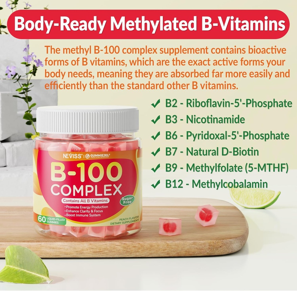 Super Vitamin B Complex Gummies - All B Vitamins Including Methyl B12, B1, B2, B3, B5, B6, Biotin, Methylfolate with Vitamin C, Choline, Inositol, PABA for Energy, Brain & Immune Support, Sugar Free 6