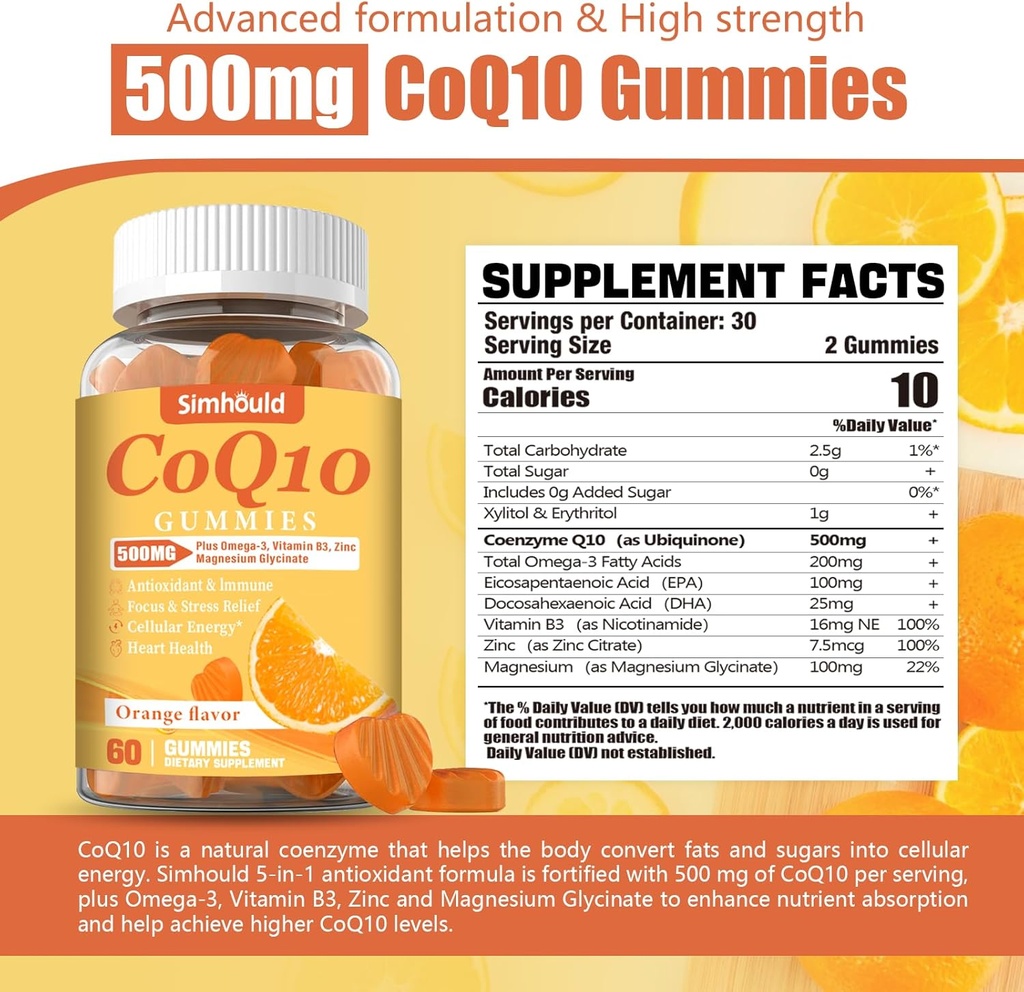 1 Pack CoQ10 500MG Gummies - Plus Omega-3, Magnesium, Vitamin B3 & Zinc - 3X Better Absorption Coenzyme Q10 Supplements for Heart Health, Cellular Energy & Antioxidant, Non-GMO 60 Counts 3