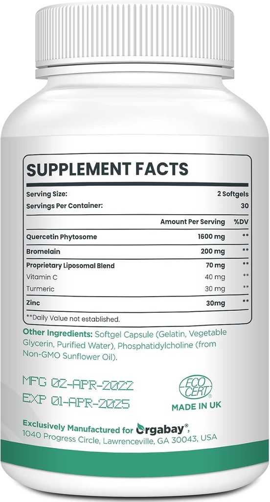 Orgabay Liposomal Quercetin Phytosome 1600 mg,Bromelain 200mg,Zinc 30mg,Vitamin C Turmeric 40 mg,Highest Absorption,Quercetin Complex, 60 Softgels 3