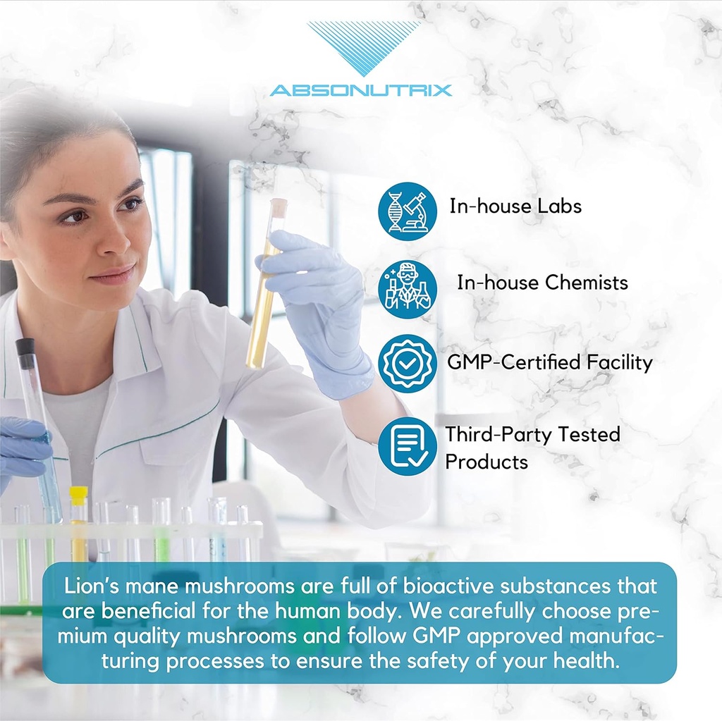 Absonutrix Lion's Mane Mushroom Extract 120 Capsules, Supports Immune System,Helps Improve Cognitive Health, Quality Potent Ingredients, Made in USA, 500 mg per Serving, GMP-Approved 5