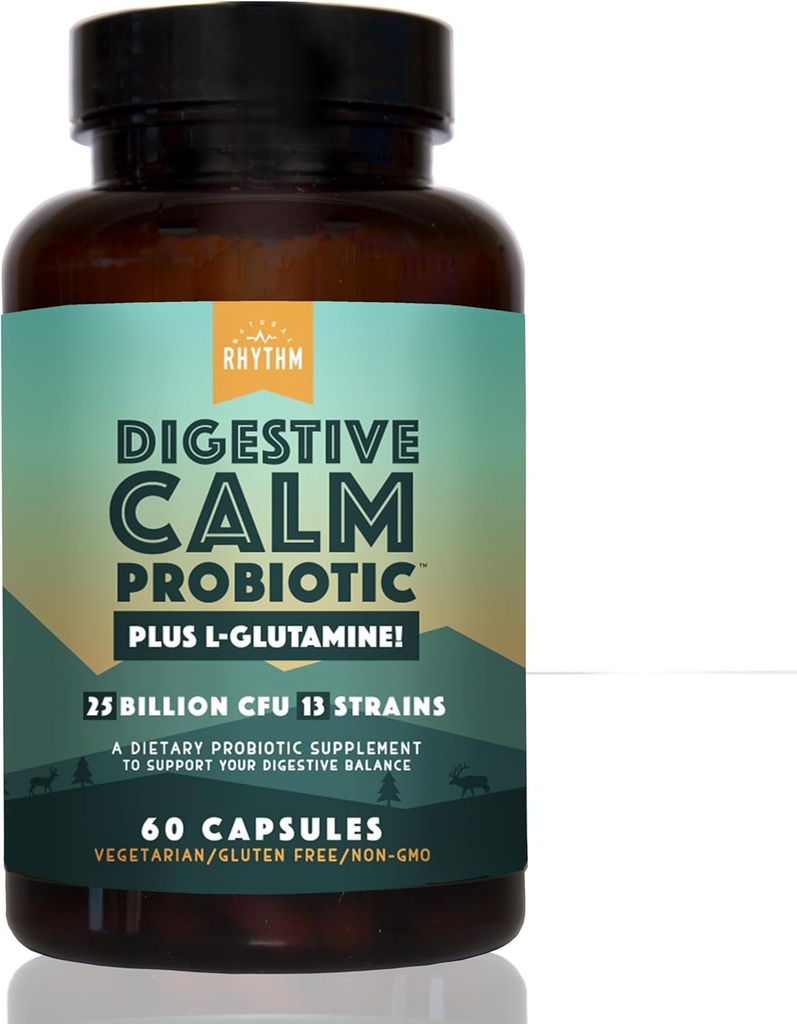 Natural Rhythm Digestive Calm Probiotic (Plus L-Glutamine) 25 Billion CFU and 13 Strains. - Natural Support for Better Digestion - for Bloating & Constipation + Gas Relief & Leaky Gut - 60 Capsules. 2