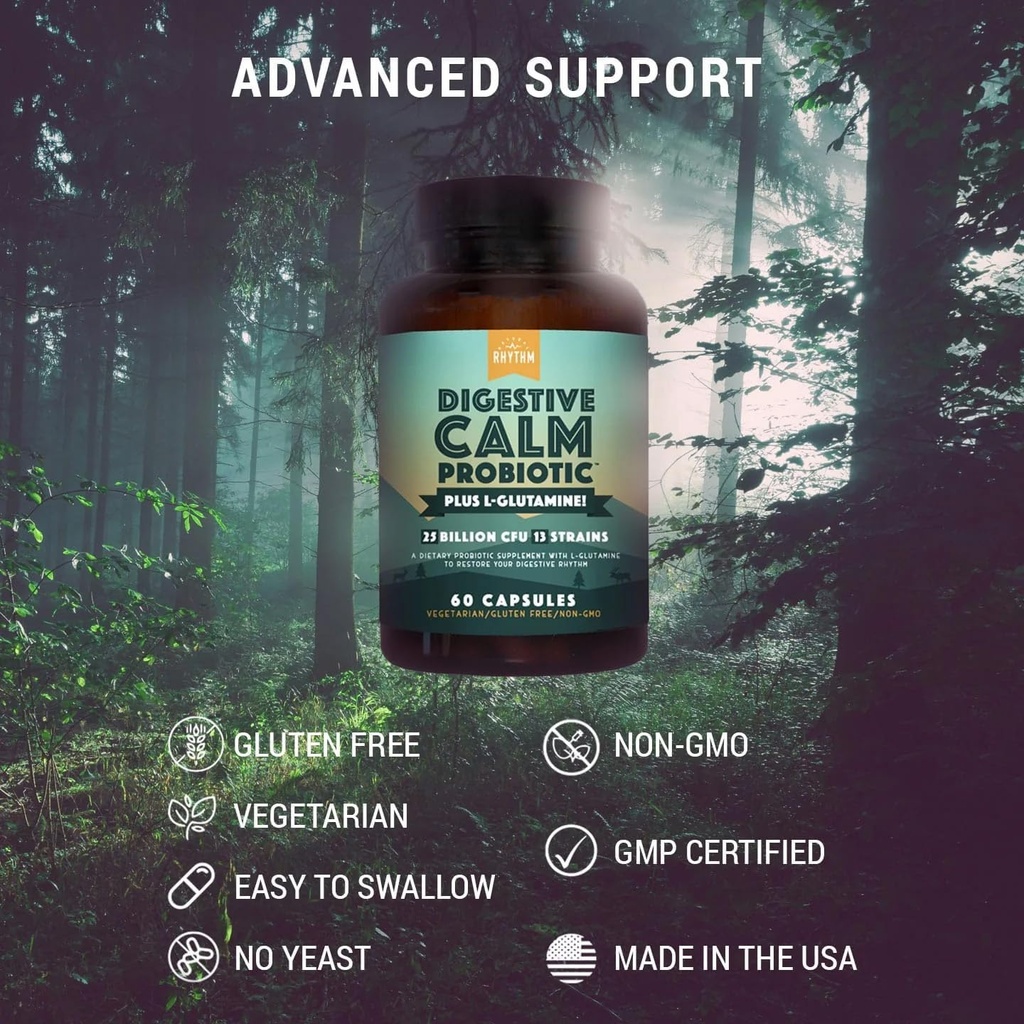 Natural Rhythm Digestive Calm Probiotic (Plus L-Glutamine) 25 Billion CFU and 13 Strains. - Natural Support for Better Digestion - for Bloating & Constipation + Gas Relief & Leaky Gut - 60 Capsules. 4