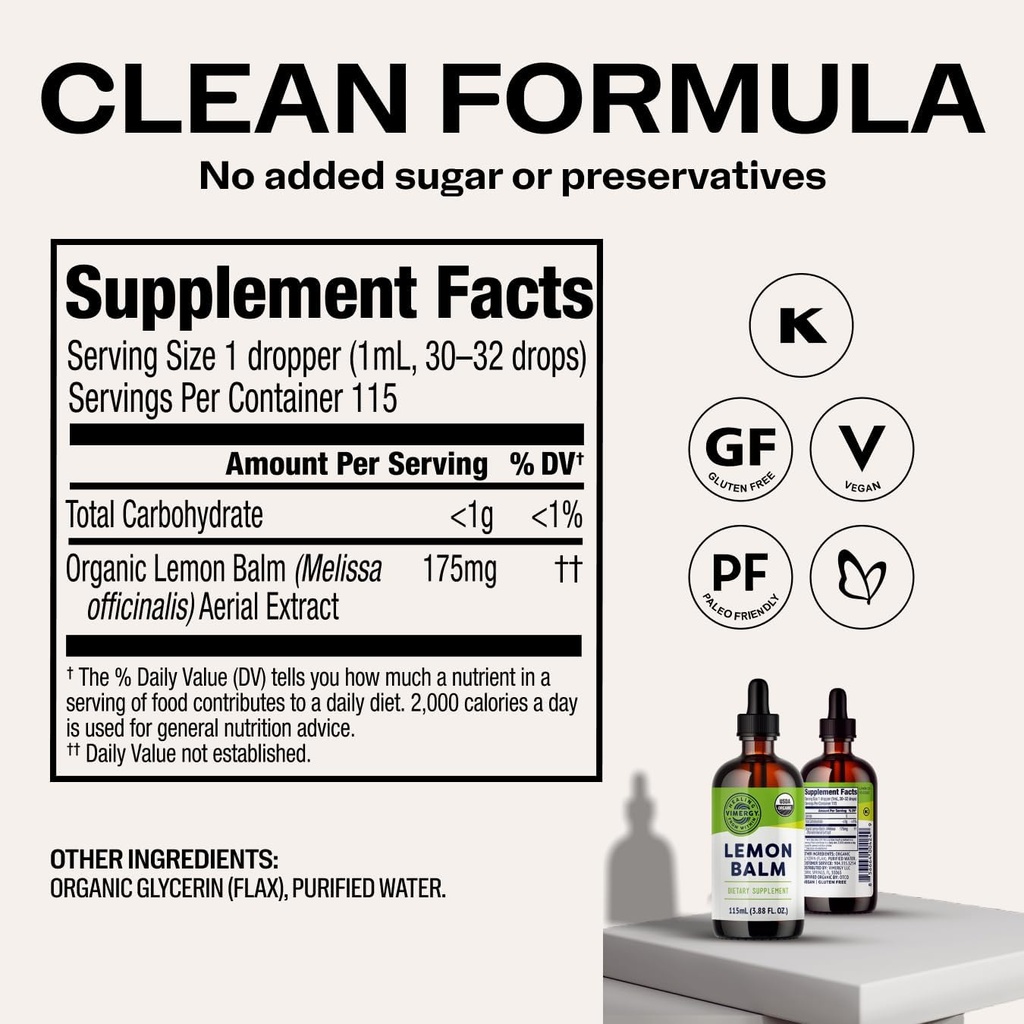 Vimergy Organic Lemon Balm Tincture Herbal Supplement – 175 mg of 10:1 Lemon Balm Extract per Serving, can be Used in Tea - USDA Certified Organic, Non-GMO, Alcohol-Free –115 mL (1 mL/Serving) 4