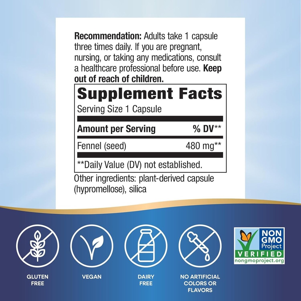 Nature's Way Fennel Seed, Traditional Digestive Support*, 480 mg per Serving, Gluten Free & Vegan, Non-GMO Project Verified, 100 Capsules (Packaging May Vary) 3