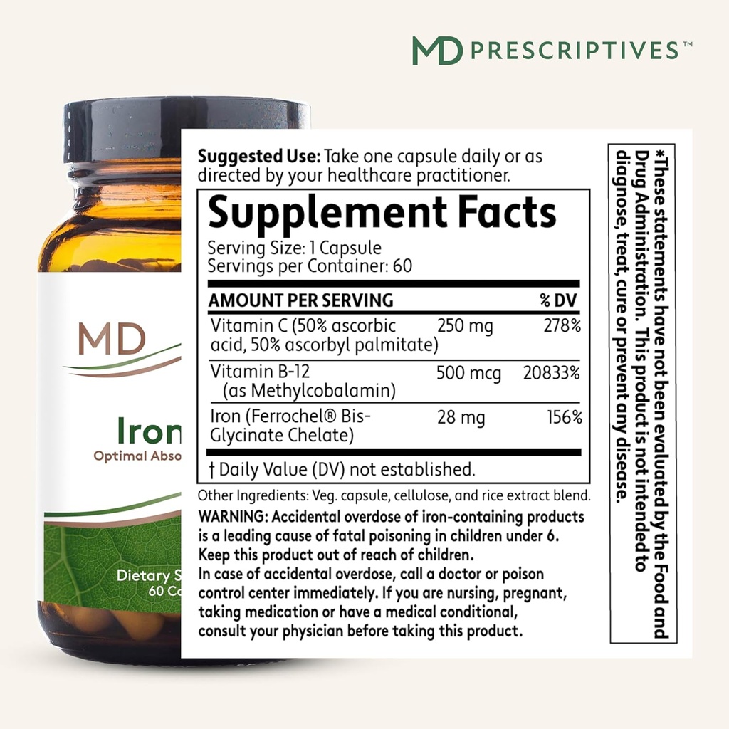MD Prescriptives Iron MD Capsules - Daily Iron Supplement for Women & Men with Vitamin C, Vitamin B12 & Folic Acid - Optimal Absorption Formula - 60 Veg Capsules 3