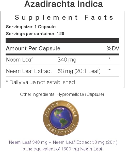 High Potency Organic Neem Leaf Capsules | Herbal Supplement | 120 Count, 1,500 mg with Neem Leaf Extract 5