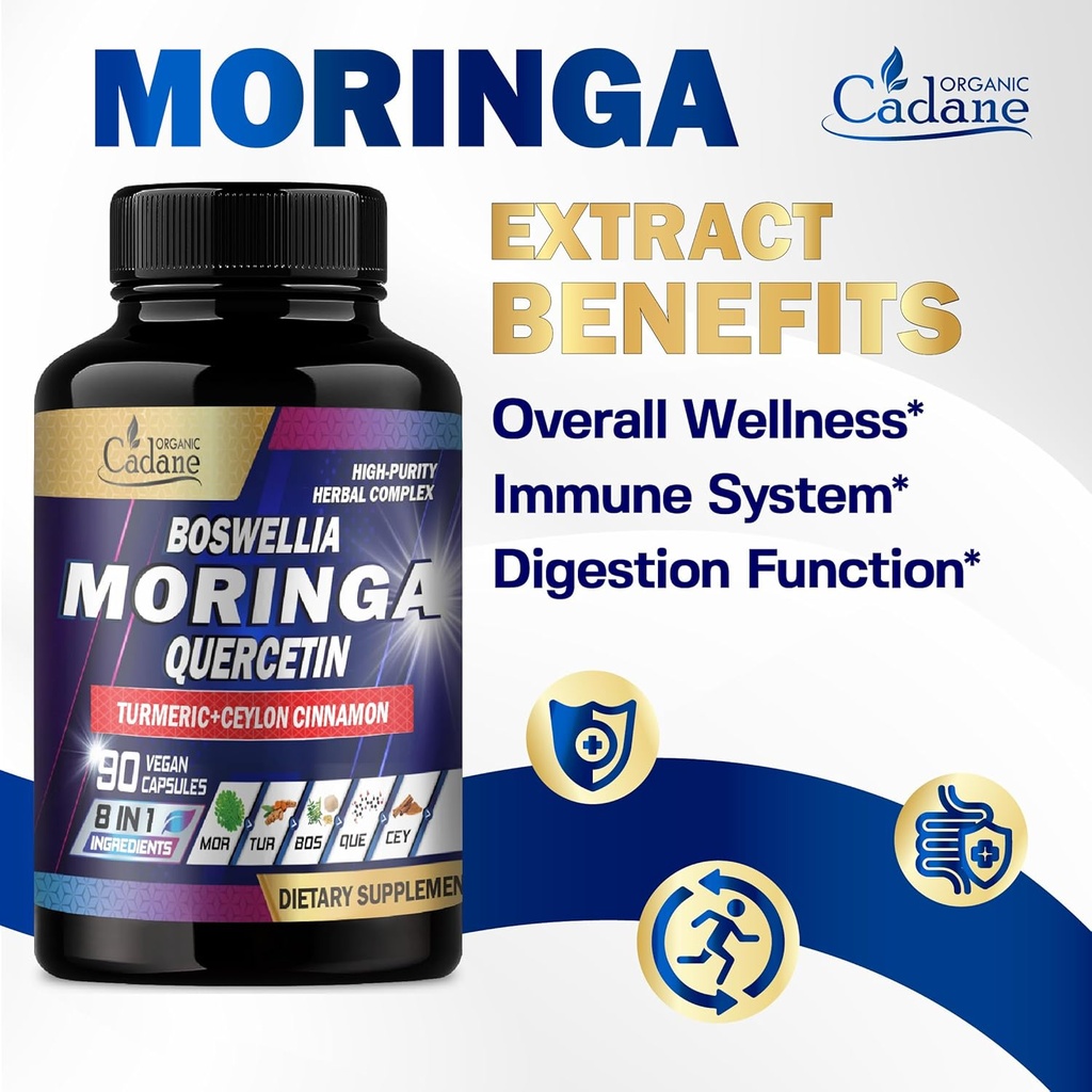 Organic Cadane Moringa Leaf with Turmeric, Boswellia, Quercetin, Ceylon Cinnamon, Holy Basil, Ginger, and Black Pepper - 8in1 Supplements - 90 Veggie Capsules for 3-Month Supply 6
