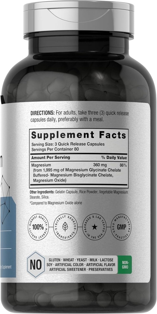 Horbäach Chelated Magnesium | 360mg | 240 Capsules | Non-GMO & Gluten Free Supplement 3