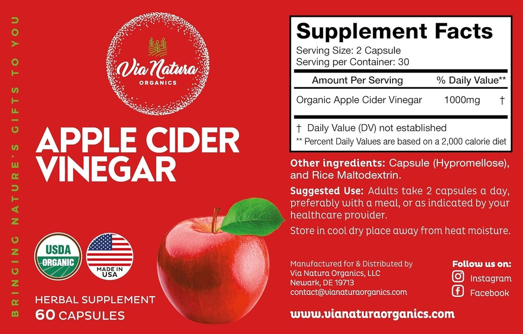 Apple Cider Vinegar Capsules 1000mg | Organic Herbal Supplement | 60 Capsules 3