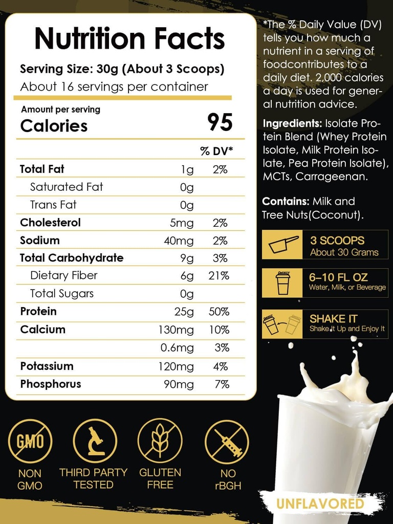 NATURE TARGET Whey Isolate Protein Powder, Unflavored, 25g Protein, Low Carb Protein Powder, Sugar-Free, for Men & Women, 5.5g BCAAs, Rich in Fibers & Minerals, 1.1 Pound (500g) 3